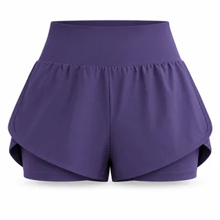 Purple women's 2-in-1 shorts with wide flat waistband, rounded split-side hems and matching inner shorts on white
