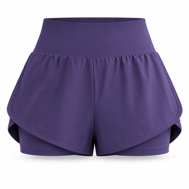 Purple women's 2-in-1 shorts with wide flat waistband, rounded split-side hems and matching inner shorts on white