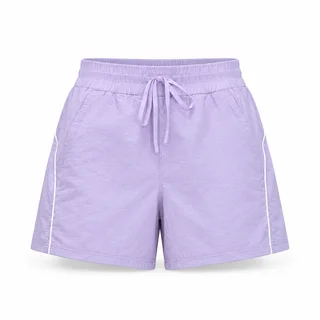 Lilac women's high-waist nylon running shorts with white side piping and matching drawstring on white