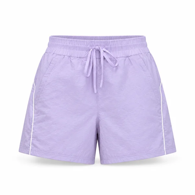 Lilac women's high-waist nylon running shorts with white side piping and matching drawstring on white