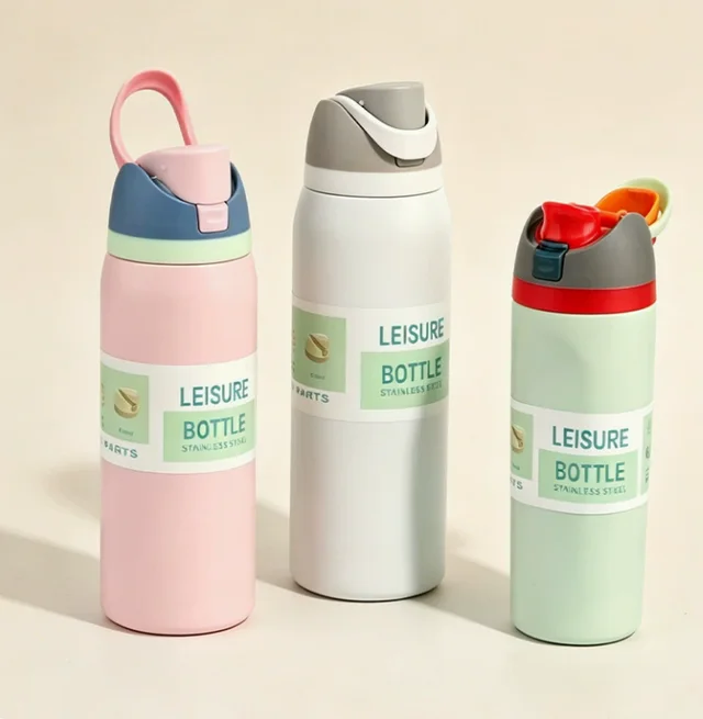 Pink, white and light green insulated stainless steel sports water bottles with carry handles and flip-top lids