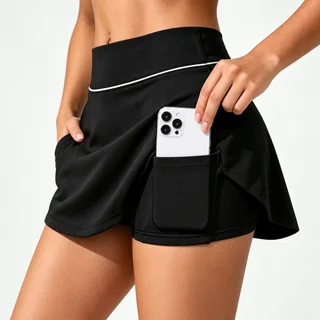 Unbranded mockup of a black sports skort with white waist piping, fitted inner shorts and a thigh phone pocket