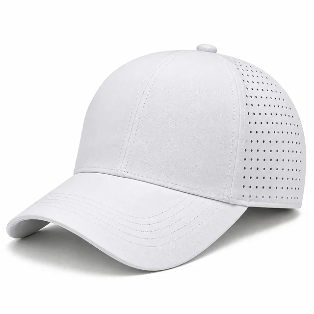 White quick-dry sports cap with laser-perforated panels and a curved brim