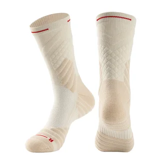 Cream crew sports socks shown from front and side with zoned knit texture, cushioning and red cuff accents