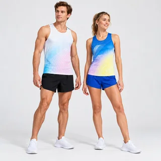 AI-assisted illustration of male and female models in white-pastel and royal-blue gradient running singlets with black and blue shorts