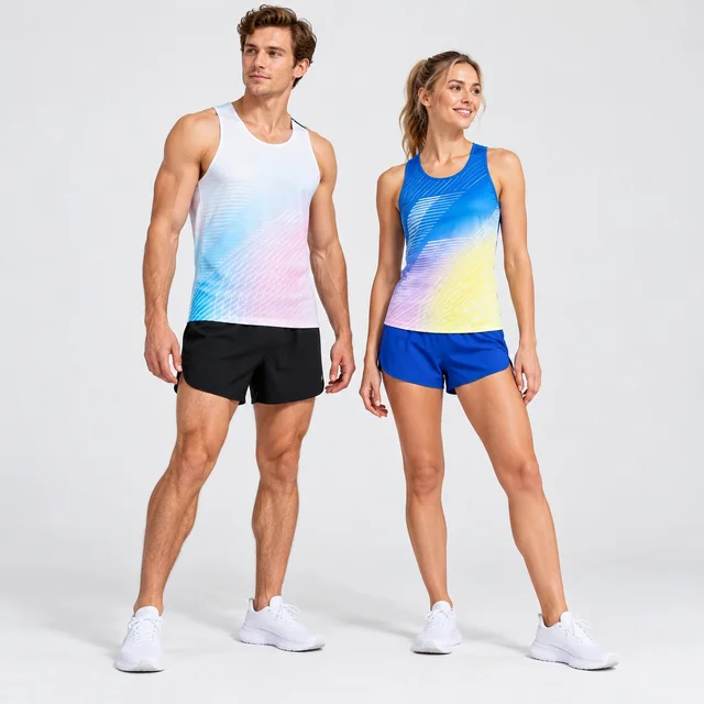 AI-assisted illustration of male and female models in white-pastel and royal-blue gradient running singlets with black and blue shorts