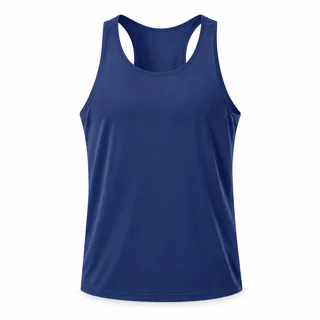 AI-assisted catalog illustration of a plain navy men's racerback running singlet on a white background