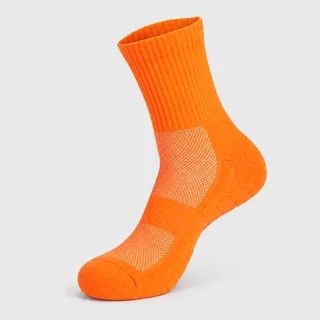 Unbranded orange sports sock mockup showing mesh-knit panels, ribbed cuff and raised sole cushioning