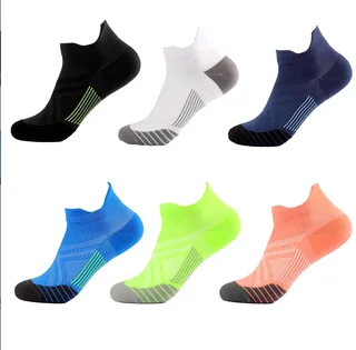 Color reference showing six low-cut heel-tab running socks with contrasting stripe details