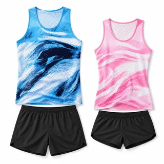 AI-assisted product layout showing blue-and-white and pink-and-white printed running singlets with black shorts