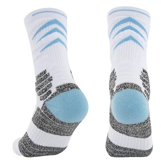 Blue-and-white crew sports socks showing contrasting blue heels, textured sole zones and blue chevron shaft details