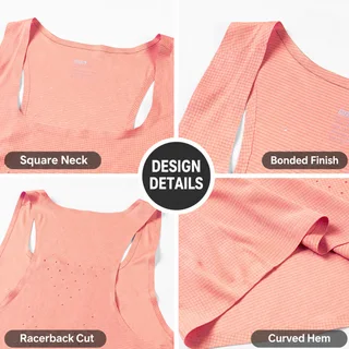 English-labeled close-up collage of the coral running singlet showing its square neck, bonded finish, racerback cut and curved hem