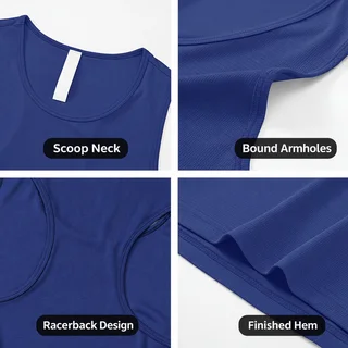 AI-assisted close-up collage showing the scoop neck, bound armholes, racerback design and finished hem of a navy running singlet