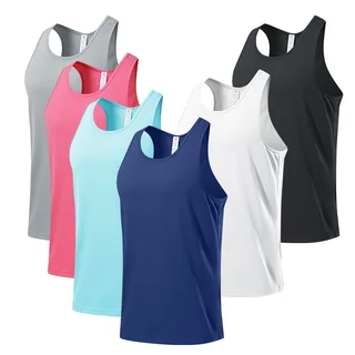 Six solid-color racerback running singlets in gray, watermelon pink, sky blue, navy, white and black