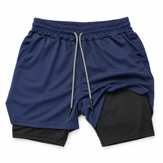 Navy men's 2-in-1 training shorts with black inner liner and drawstring waist on white