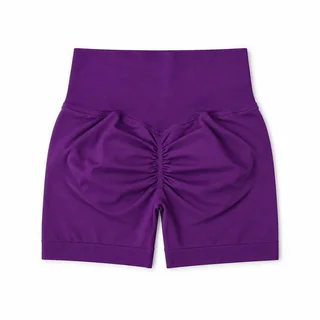 Back view of grape-purple women's fitted gym shorts with wide ribbed waistband and center scrunch seam on white