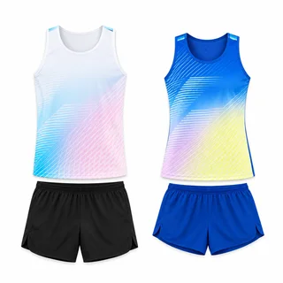 AI-assisted flatlay of two gradient running singlet and shorts sets in white-pastel with black shorts and royal blue-yellow with blue shorts