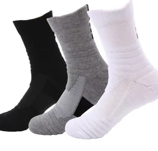 Men's crew sports socks in black, gray and white showing ribbed cuffs and mesh-knit insteps