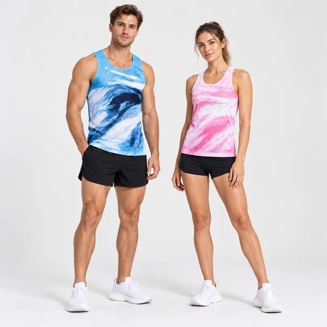 AI-assisted design illustration of adult male and female models wearing custom printed running singlets with black shorts