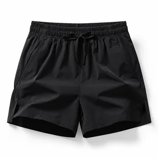 Black men's lightweight short running shorts with elastic drawstring waistband and slanted side pockets on white