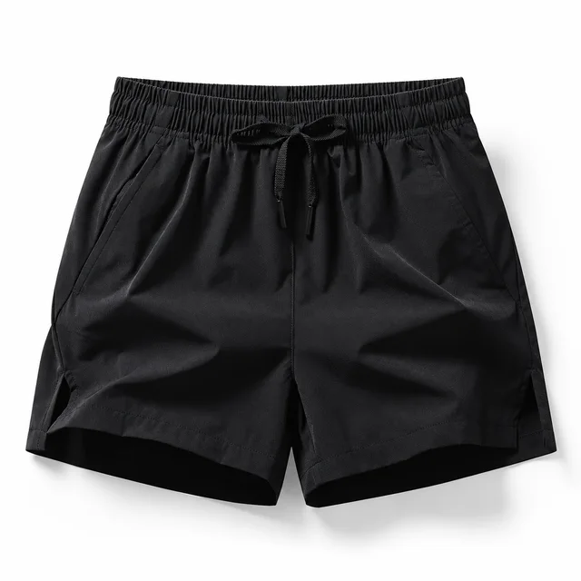 Black men's lightweight short running shorts with elastic drawstring waistband and slanted side pockets on white