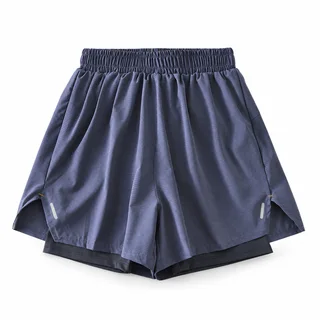 Blue-purple women's A-line 2-in-1 running shorts with gathered waistband and dark fitted inner shorts on white