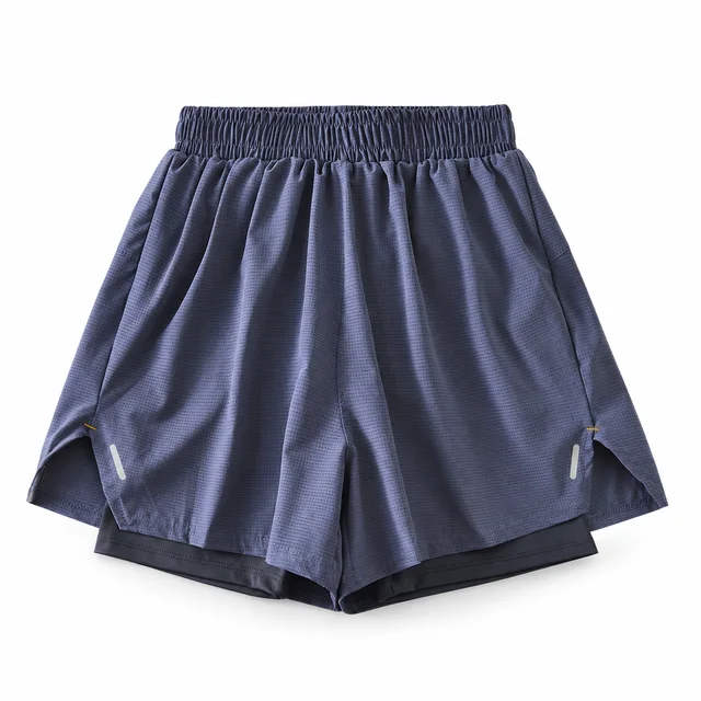 Blue-purple women's A-line 2-in-1 running shorts with gathered waistband and dark fitted inner shorts on white
