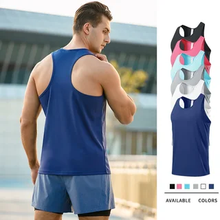 Back view of a male model wearing the navy racerback running singlet, with six color options alongside