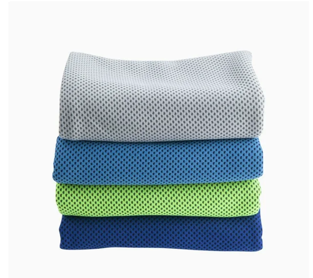 Folded two-tone cooling sports towels in silver gray, sky blue, light green and ocean blue