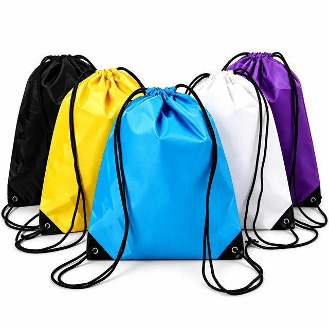 Five drawstring sports backpacks in black, yellow, blue, white and purple with black cord straps on a white background
