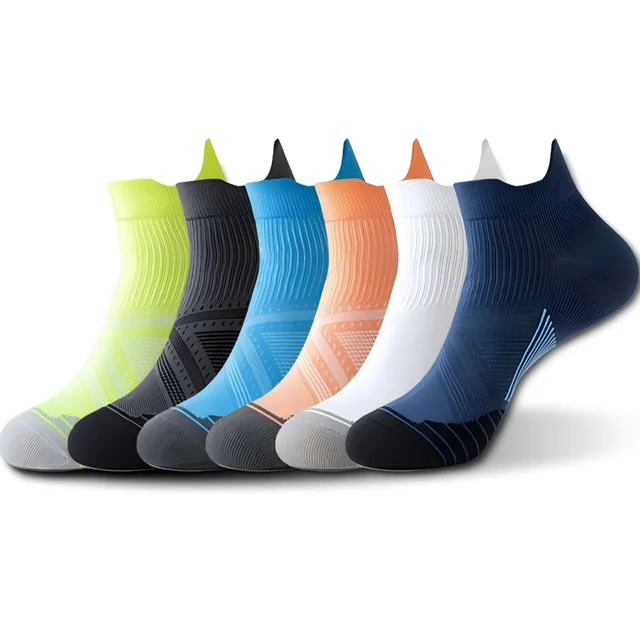 Six heel-tab running ankle socks in neon lime, black, blue, peach orange, white and navy with contrast knit details