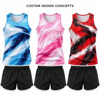 Three customizable running kit design concepts in blue, pink and red with black shorts