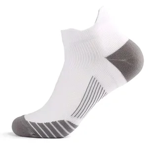 White low-cut running sock with a raised heel tab, gray heel and toe panels, mesh zones and striped knit details