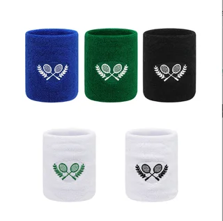 Custom embroidered sports wrist sweatbands in royal blue, green, black and white