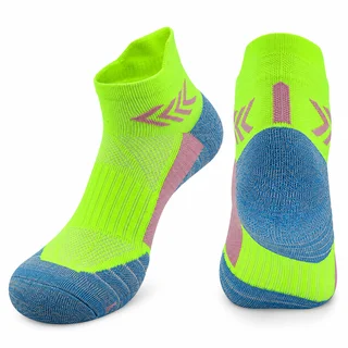 Neon lime running ankle socks with blue heel and toe zones, pink knit accents and mesh panels, shown from two angles on white