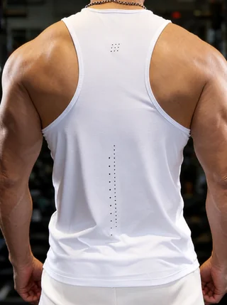 White men's running singlet viewed from the back, showing shaped armholes and perforated ventilation details